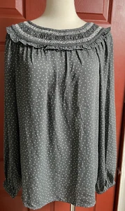 NEW Ann Taylor Loft Rayon Gray White Polka Dot Ruffle Pintuck Yoke Shirt Large - Picture 1 of 3