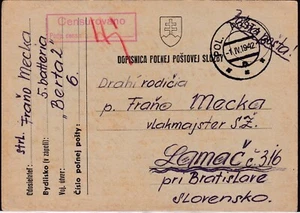 ESLOVAQUIA 1942, rara postal de campo de cabina (cartón gris) con SELLO DE CENSURA - Imagen 1 de 2