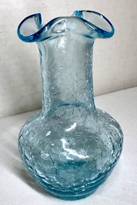 Vintage Kanawha Aqua Blue Hand Blown Crackle Glass Vase with Ruffled Lip, Pontil - Picture 1 of 9