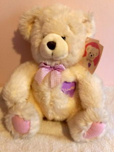 Russ Berrie - Vintage I LOVE MUM - Cream Teddy Bear With Tag Soft Toy Xmas Gift