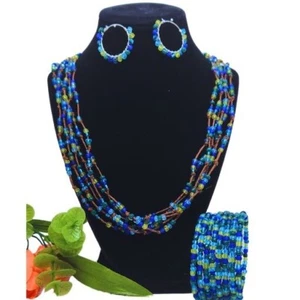 Handmade Boho Beaded Jewelry Set – Necklace, Bracelet & Earrings | Multicolor Gl - Picture 1 of 4