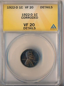 1922-D LINCOLN WHEAT CENT **ANACS CERTIFIED VF 20 DETAILS** FREE SHIPPING!! - Picture 1 of 2