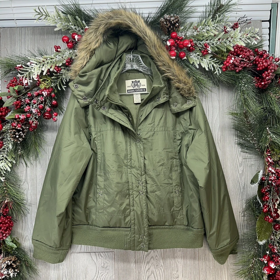 Abrigo con capucha de piel sintética para mujer grande verde cremallera completa chaqueta parka por Route 66 Foto 1 de 4