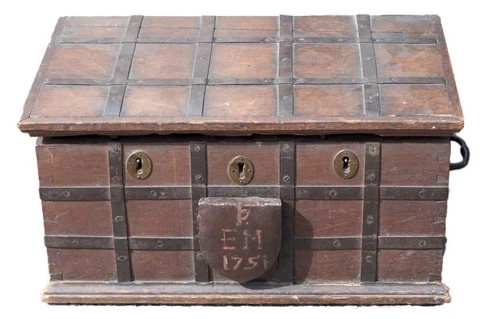Mid 18thC English Antique Oak Iron Bound Box Strong Box Bible Box, C.1751 Chest Cover