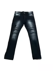 MAD BLUE MEN'S BIKER SLIM FIT TAPERED LEG DISTRESSED MOTO STYLE JEANS BLACK 36 - Picture 1 of 5