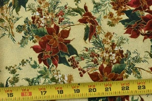25" Long, Red Green Met.-Gold Poinsettias on Tan Cotton, Moda, Sentimental,P9291 - Picture 1 of 7