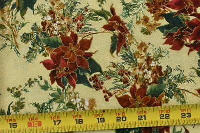 25" Long, Red Green Met.-Gold Poinsettias on Tan Cotton, Moda, Sentimental,P9291 - Image 1 of 4