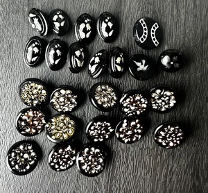 Black Glass Button 25 Piece Lot Enamel Painted Victorian Mourning Dove Lily - Picture 1 of 24