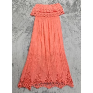 LE MARAIS Paris Dress Size L Orange Strapless Cotton Gauze Embroidered Lace Maxi - Picture 1 of 10