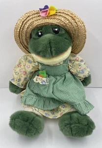 Muñeca Rana de Peluche Vestido Floral y Sombrero de Paja Verde Peluche Decoración Cottagecore - Imagen 1 de 6