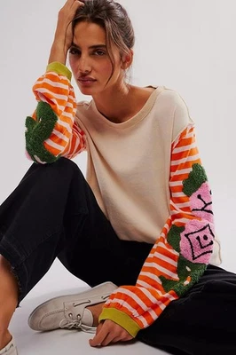 Camiseta túnica Free People We The Free tallo rosa bordada a rayas L nueva 283285 Foto 1 de 4