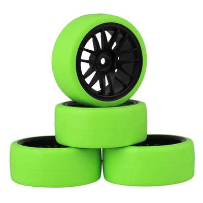Mxfans Black Plastic 14 Spoke Wheel Rims and Green Drift Smooth Tyres for RC ... - Image 1 of 4
