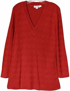 BRENDA FRENCH Red V-Neck Diamond Knit Tunic Sweater SIZE (1) 100% Rayon VINTAGE - Picture 1 of 3