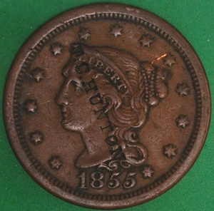 1855 Braided Hair Large Cent VF+ Details Counterstamped "J. C. Hunton" - Picture 1 of 2