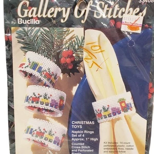 Vintage Bucilla Gallery of Stitches Christmas Toys Napkin Rings Cross Stitch Kit - Picture 1 of 7