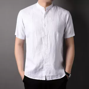 Summer 100% Pure Linen Stand Collar Short Sleeve Shirt Mens Chinese Style Casual - Picture 1 of 13