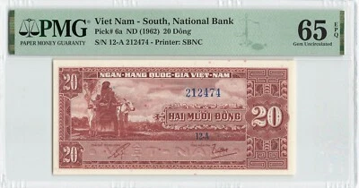 VIETNAM DEL SUR 20 Dong 1962, P-6a, PMG 65 EPQ Gema UNC, Excelente Limpio Original Foto 1 de 2