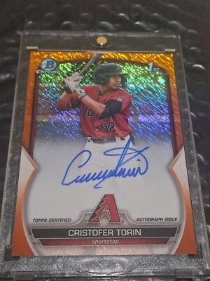 CRISTOFER TORIN 2023 BOWMAN CHROME ORANGE SHIMMER REFRACTOR 1ST AUTO RC /25 - Image 1 of 3