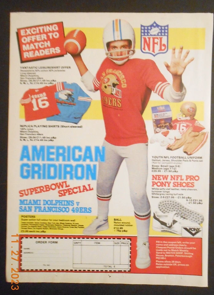 Camiseta deportiva 1985 de los San Francisco 49ers Miami Dolphins recuerdos Joe Montana AD Pony Foto 1 de 1