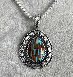 Carolyn Pollack Pendant Turquoise Coral Multi Sterling Rope Edge 18" Necklace - Picture 1 of 15