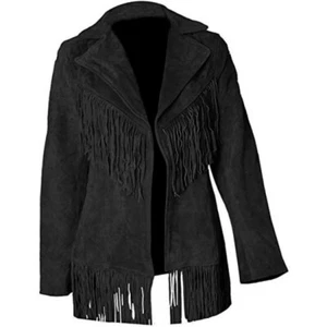 Women Black Suede Western Style Leather Jacket With Fringe - American Native - Picture 1 of 4