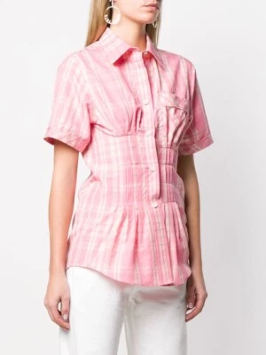 ISABEL MARANT Pink Cream Plaid Cotton Viscose Pintuck Pleats Fitted Shirt 44💕💕 - Image 1 of 4