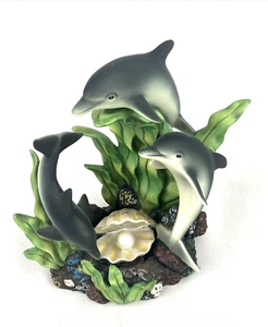 DOLPHIN Pod (3) Three on CORAL ROCK STATUE Oyster and Pearl 7" Figurine - Picture 1 of 7