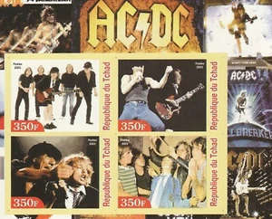 AC/DC s/s 4 sellos; hoja MNH; Angus Young; Brian Johnson; difícil de encontrar; Tchad - Imagen 1 de 1