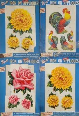 Vogart IRON ON Fabric APPLIQUE  Sheets with 4 Appliques YELLOW FLORAL Roosters - Image 1 of 4