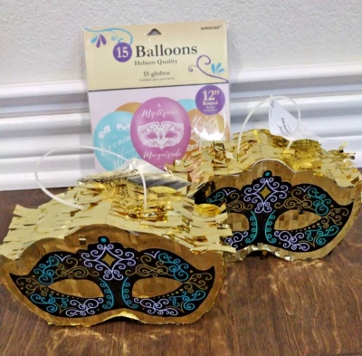 Party Set - 2 Venetian Masquerade Mask Mini Pinatas Plus 15 Ballons - Image 1 of 4