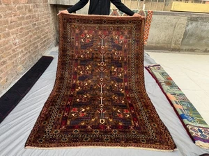 4'8x7'4 Ft Antique Afghan Hand-Knotted Wool Rug Brown Pictorial Tribal Carpet - Picture 1 of 13