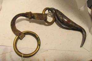 antique fishing knife shape of fish brass rings, leather 4" long metal  unusual - Picture 1 of 4