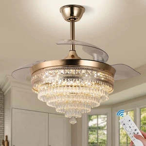 42" Gold Dimmable LED Fandelier with Light Modern LED Crystal Ceiling Fan wit... - Picture 1 of 8