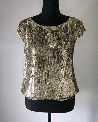 Blusa top manga corta Alice + Olivia para mujer lentejuelas doradas talla pequeña  Foto 1 de 4