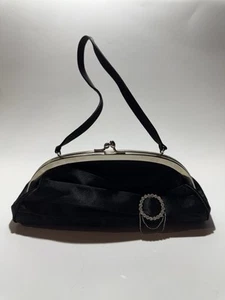 Borsa da sera vintage Valerie Stevens in raso nero con accento spilla strass - Foto 1 di 10