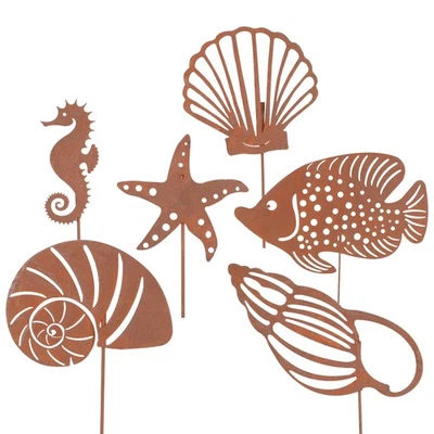 UNUS® Gartenstecker Fische Muscheln Seepferd Seestern 6er Set in Rostoptik - Bild 1 von 4
