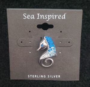 Ciondolo cavalluccio marino placcato argento sterling 925 accento cristallo blu oceano mare charm - Foto 1 di 4