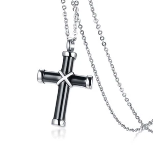 Collana nera con ciondolo urna croce in acciaio inox per uomo e donna regalo compleanno - Foto 1 di 11