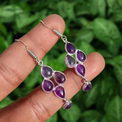 Beauty Pear Amethyst Gemstone Earring 925 Sterling Silver Plated Women's Gift - Image 1 of 4