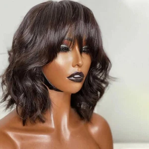 Wear To Go Short Wave Cut Wig With Bangs Scalp Top Full Machine Made Human Hair - Picture 1 of 11