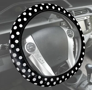 Plush Black & White Polka Dot Steering Wheel Cover for Car SUV Luxury Feel - Bild 1 von 3