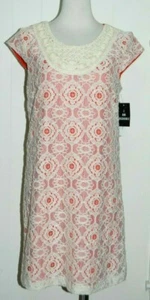 NWT Sandra Darren Petite Beaded Neck Orange & Ivory Lace Cap Sleeve Dress 8P - Picture 1 of 3