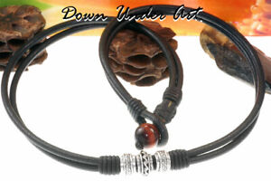 1N-409 HANDMADE Sterling Silver Red Tiger's Eye & Leather Choker Men Necklace