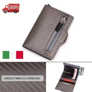MINI PORTAFOGLIO SLIM RFID PORTA CARTE DI CREDITO TESSERE MONETE FIBRA CARBONIO - Foto 1 di 11