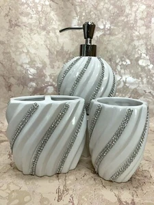 BELLA LUX 3 Pc. Bathroom Accessory Set White Swirl With Crystals Rhinestones NEW - Picture 1 of 12