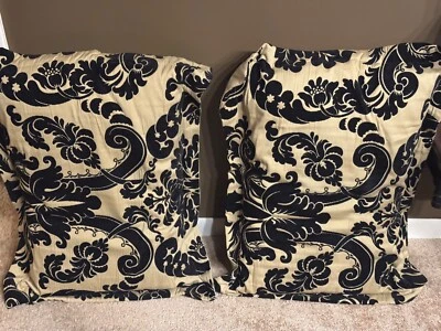 Set of 2 Springmaid King Size Bed Shams Black/Tan Damask Print W/Pillows - GUC - Image 1 of 4