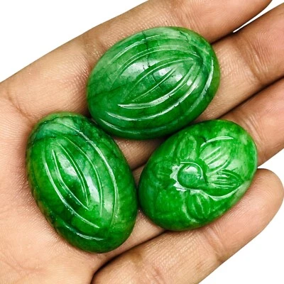 3 Pcs Natural Carved Emerald 30-35mm Forest Green Pendant Size Loose Gemstones - Image 1 of 4