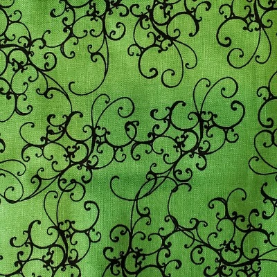 Loralie Harris Elegant Scroll Black Green Christmas Halloween Fabric 44" x 111" - Image 1 of 4