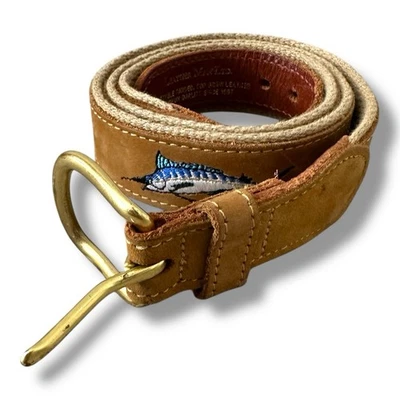 Leather Man LTD Tan Canvas & Leather Marlin Fish Belt Men’s Size 34 - Image 1 of 4