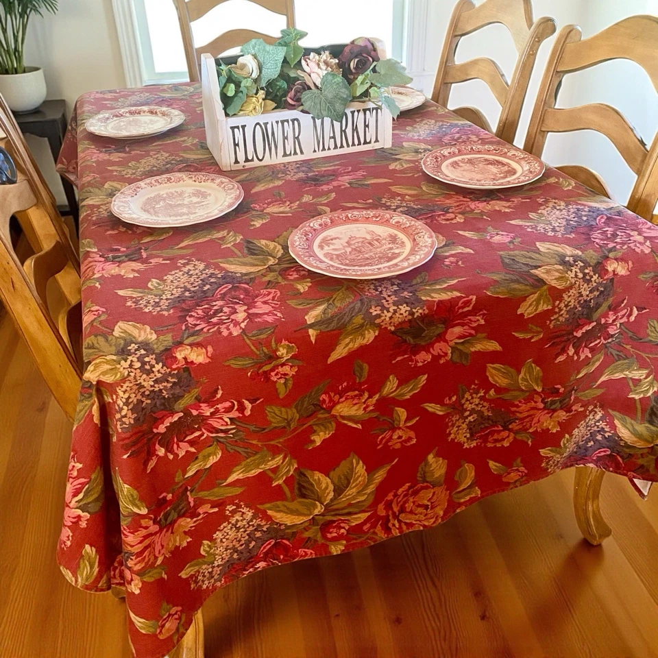 Vintage Croscill Serena Fabric Floral TABLECLOTH  Rectangle 64” X 94” Red Wine - Image 1 of 4